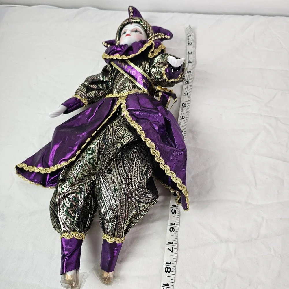 Vintage Harlequin Jester Porcelain Doll Mardi Gras Purple Gold Grand Casino
